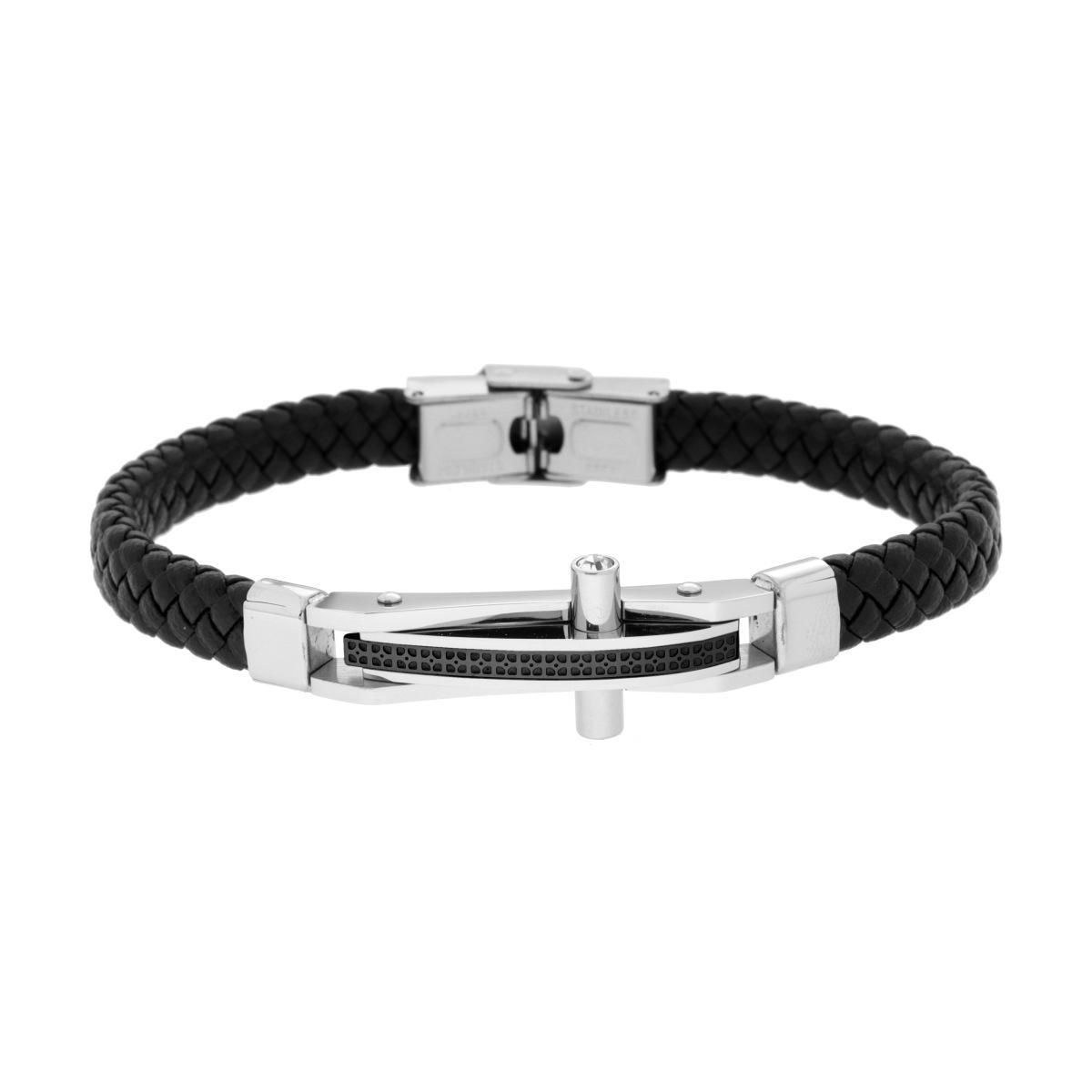 Bracciale Uomo in Ecopelle Intrecciata Nero con Targa Croce con dettaglio colore Nero e Crystal Bianchi in ACCIAIO<BR>