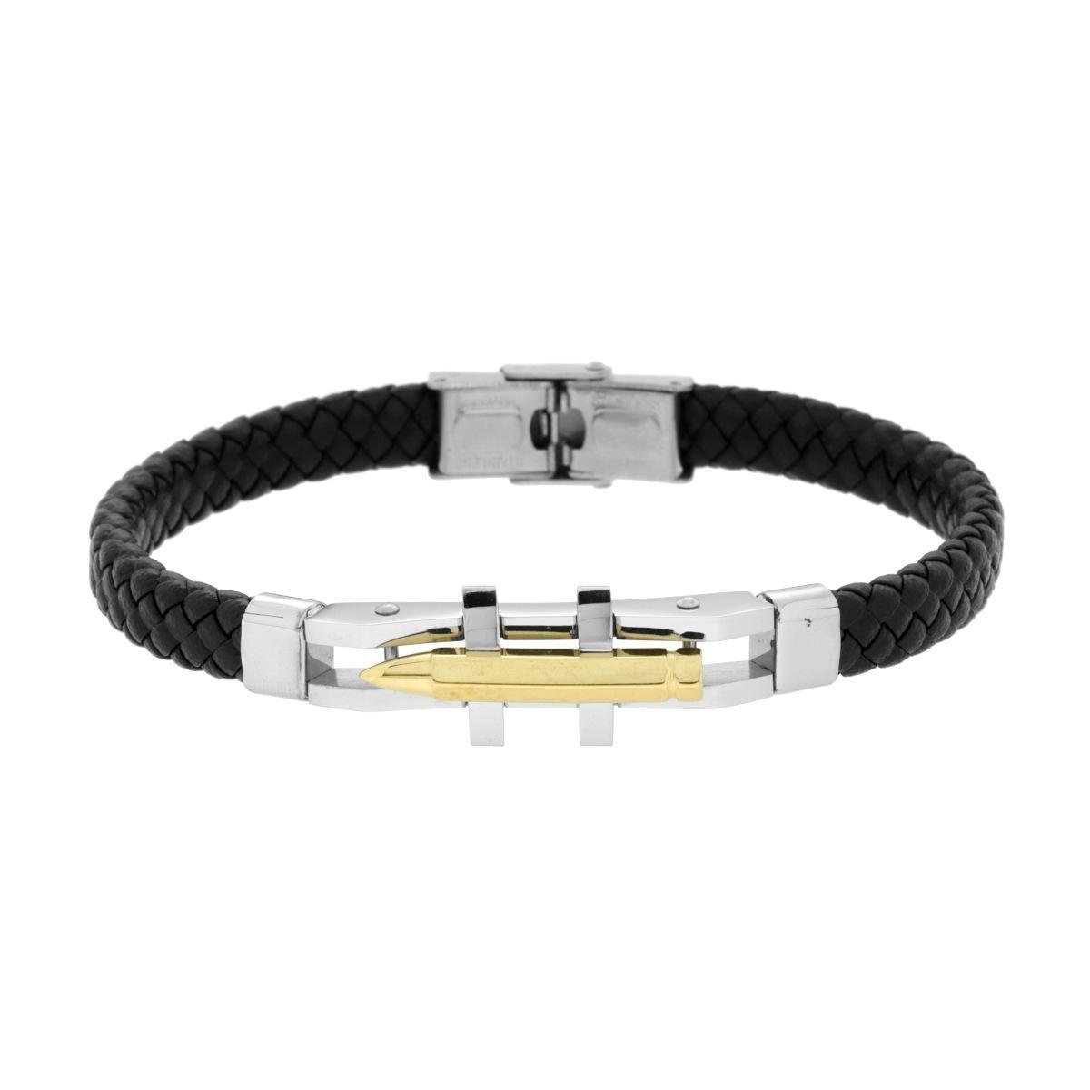 Bracciale Uomo in Ecopelle Intrecciata Nero con Targa e Proiettile colore Oro in ACCIAIO<BR>