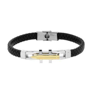 Bracciale Uomo in Ecopelle Intrecciata Nero con Targa e Proiettile colore Oro in ACCIAIO<BR>