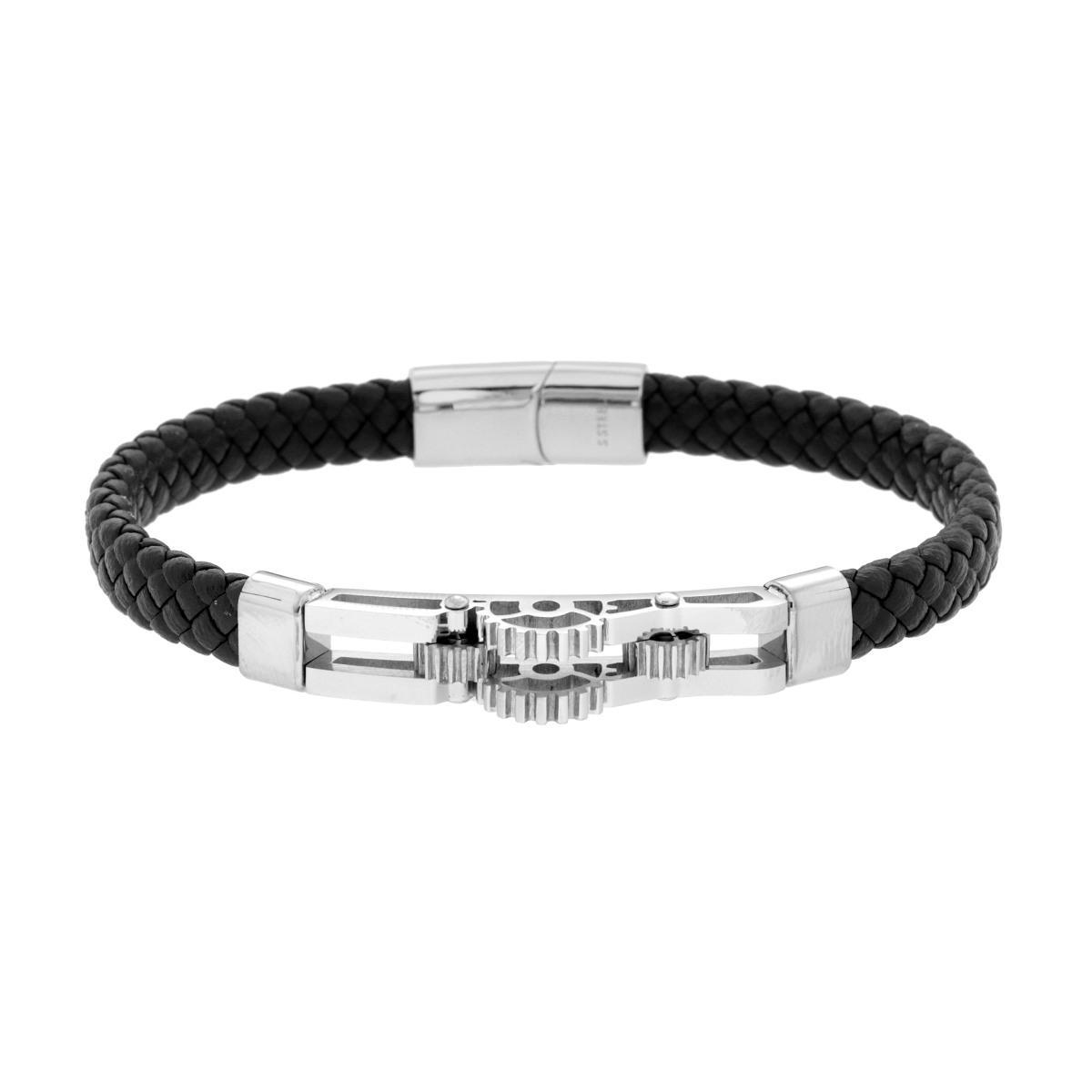 Bracciale Uomo in Ecopelle Intrecciata Nero con Targa con Ingranaggi in ACCIAIO<BR>