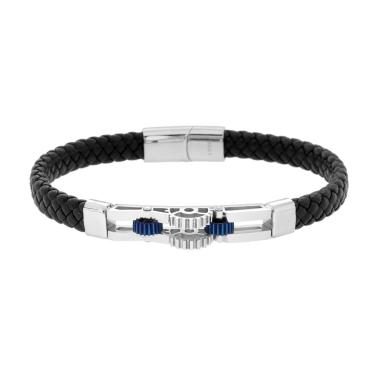 Bracciale Uomo in Ecopelle Intrecciata Nero con Targa con Ingranaggi Blu in ACCIAIO<BR>
