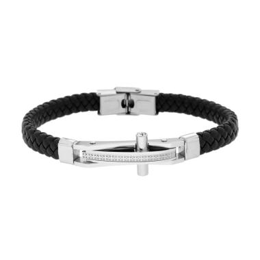 Bracciale Uomo in Ecopelle Intrecciata Nero con Targa Croce con Crystal Bianchi in ACCIAIO<BR>