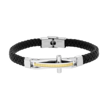 Bracciale Uomo in Ecopelle Intrecciata Nero con Targa Croce con dettaglio colore Oro e Crystal Bianchi in ACCIAIO<BR>