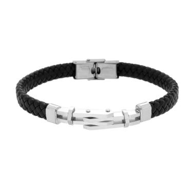Bracciale Uomo in Ecopelle Intrecciata Nero con Targa con Ingranaggi in ACCIAIO<BR>