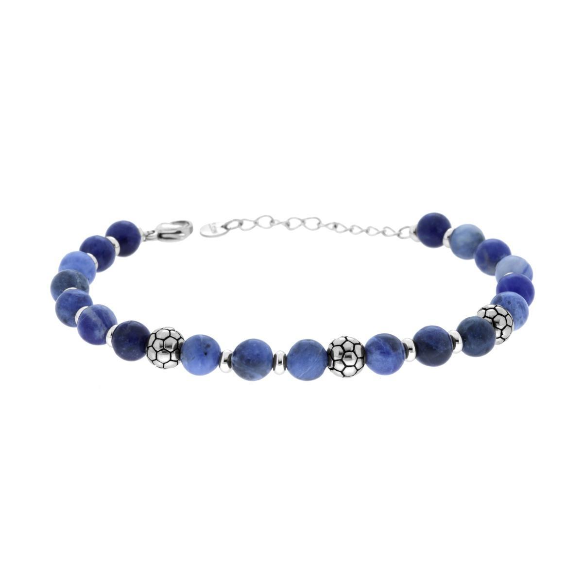 Bracciale Catena con Pietre Colore Blu Lapislazzuli e Palloni da Calcio in ACCIAIO<BR>