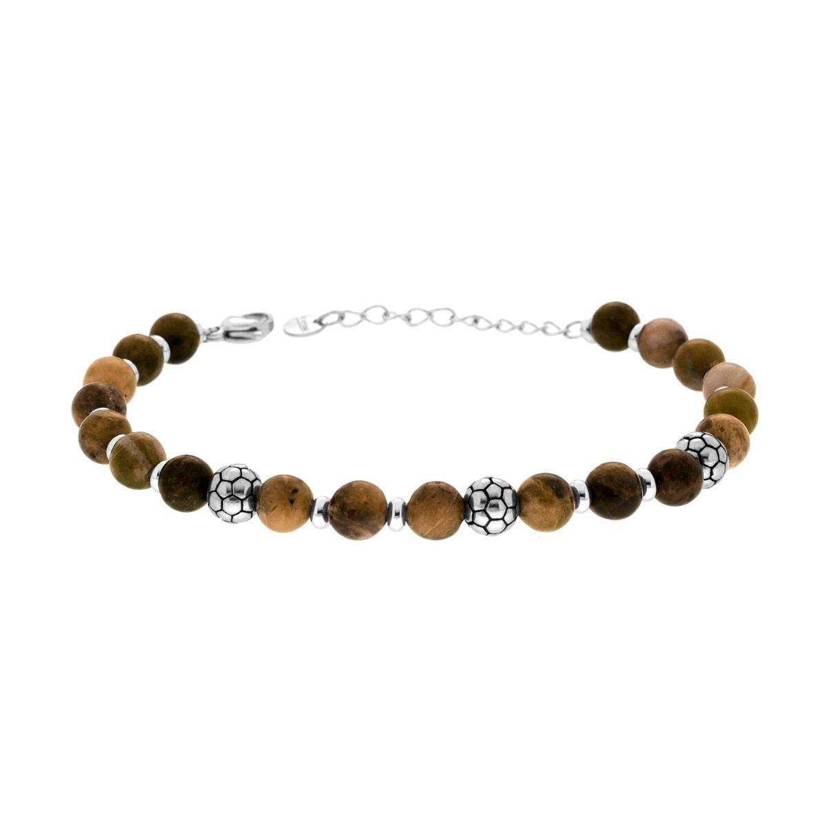 Bracciale Catena con Pietre Colore Occhio di Tigre e Palloni da Calcio in ACCIAIO<BR>