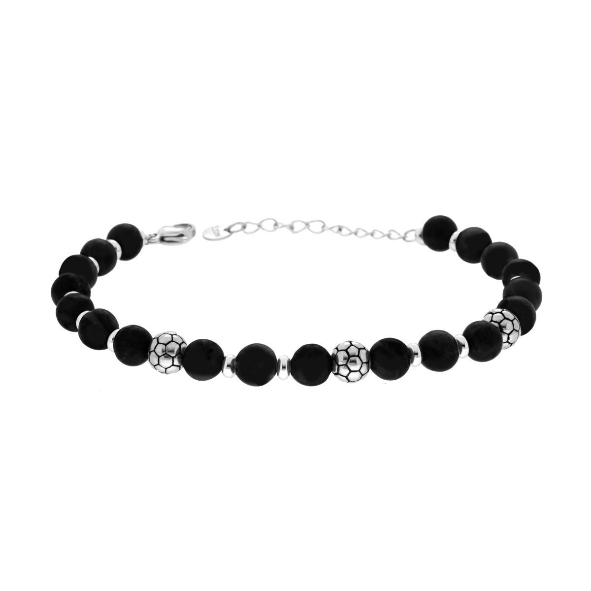 Bracciale Catena con Pietre Colore Nero e Palloni da Calcio in ACCIAIO<BR>