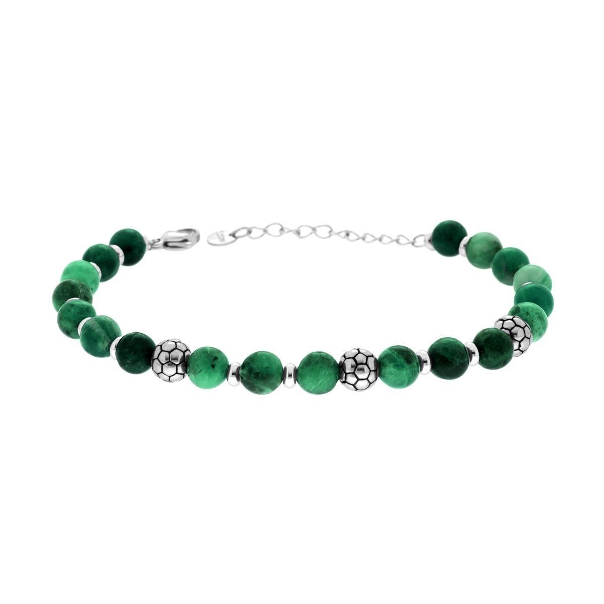 Bracciale Catena con Pietre Colore Verde Malachite e Palloni da Calcio in ACCIAIO<BR>