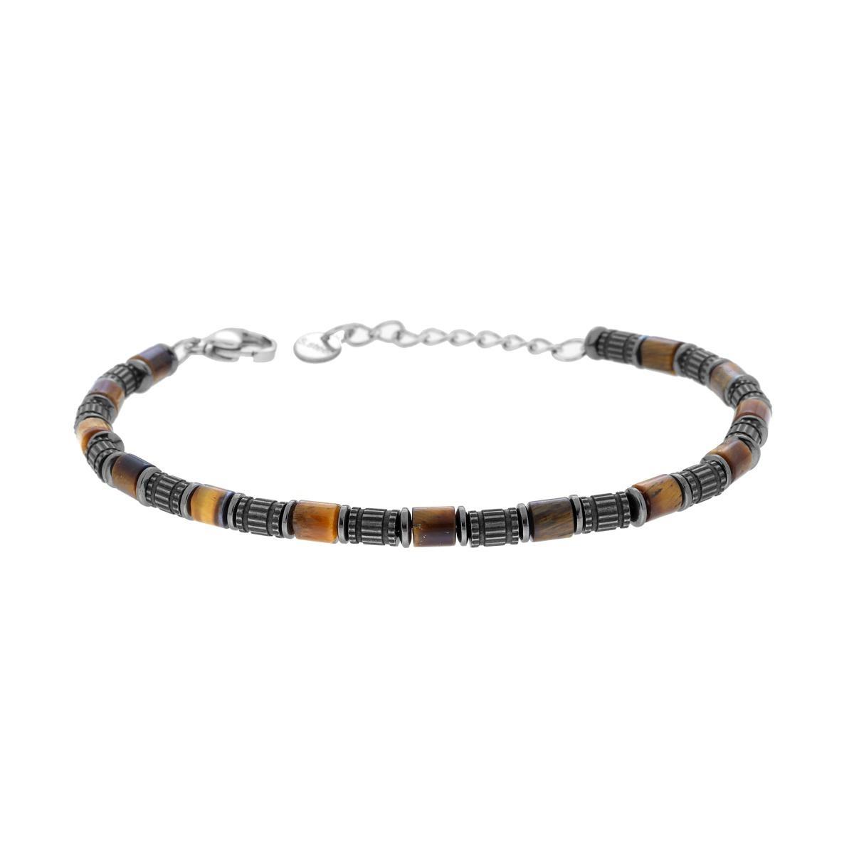 Bracciale Catena con Cilindri Bruniti e Pietre Occhio di Tigre in ACCIAIO<BR>
