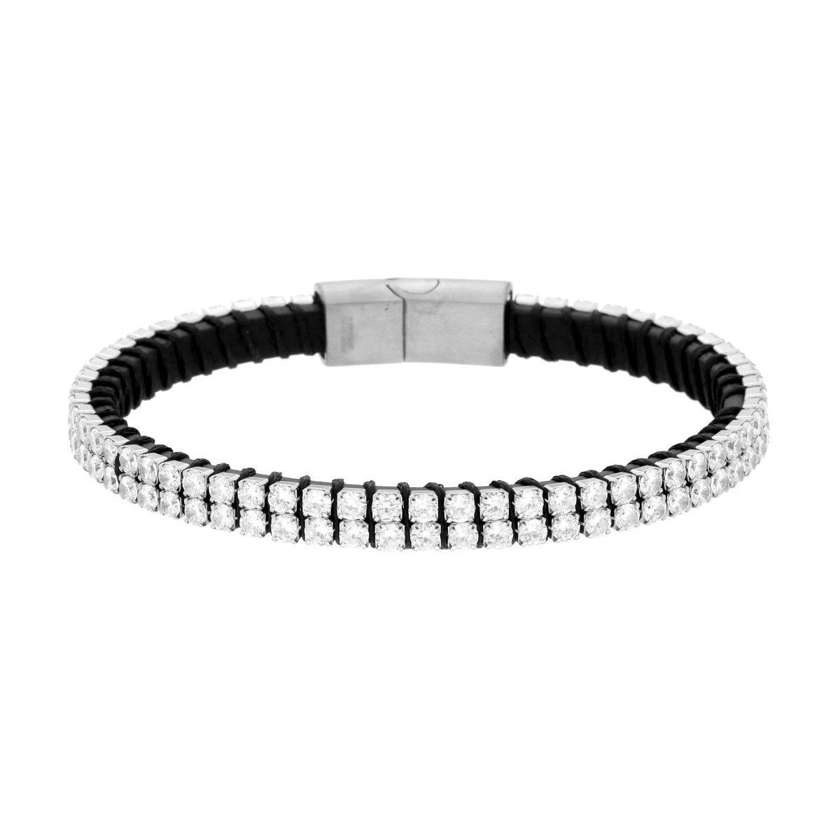 Bracciale in Ecopelle Nero con Tennis Crystal Bianchi in ACCIAIO