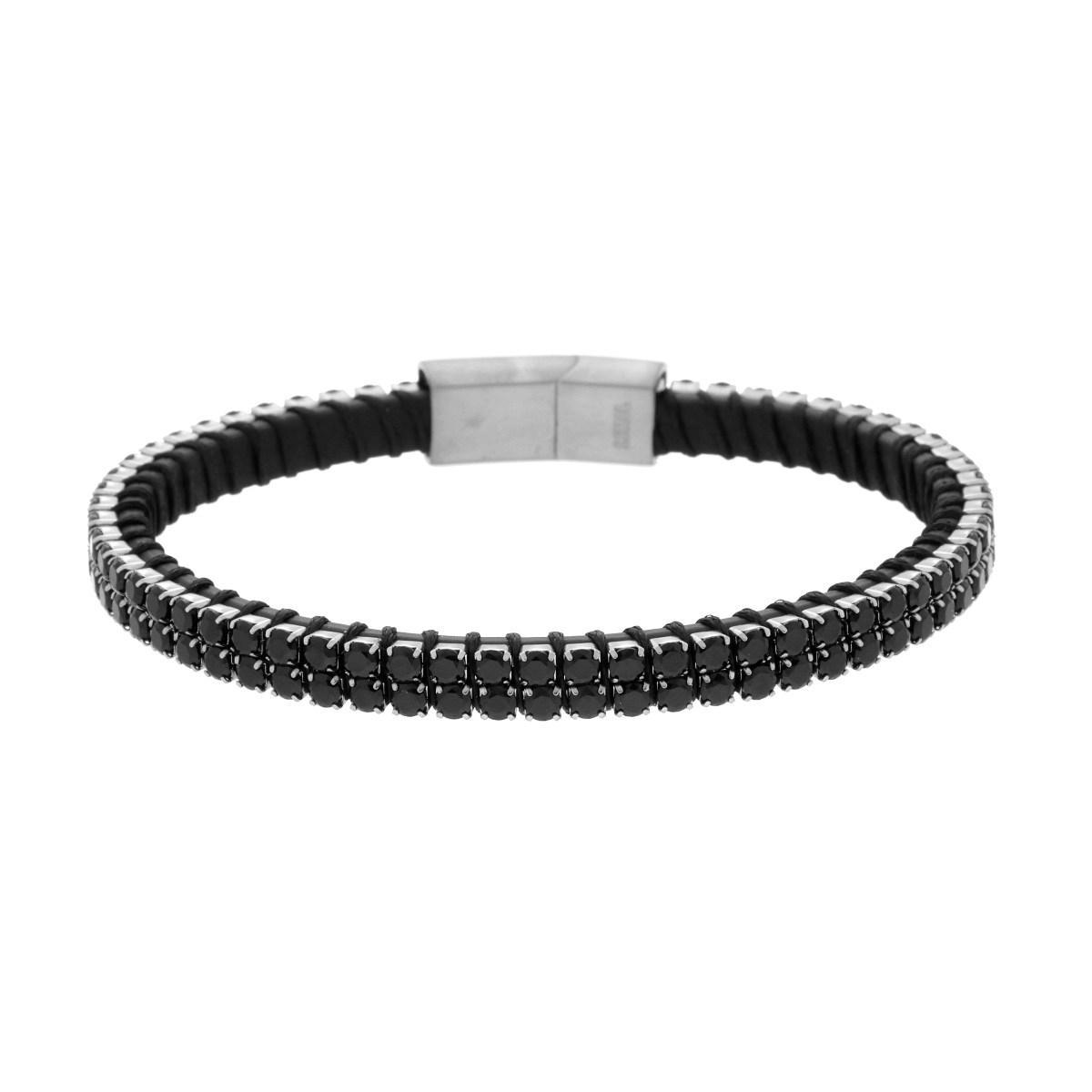 Bracciale in Ecopelle Nero con Tennis Crystal Neri in ACCIAIO<BR>