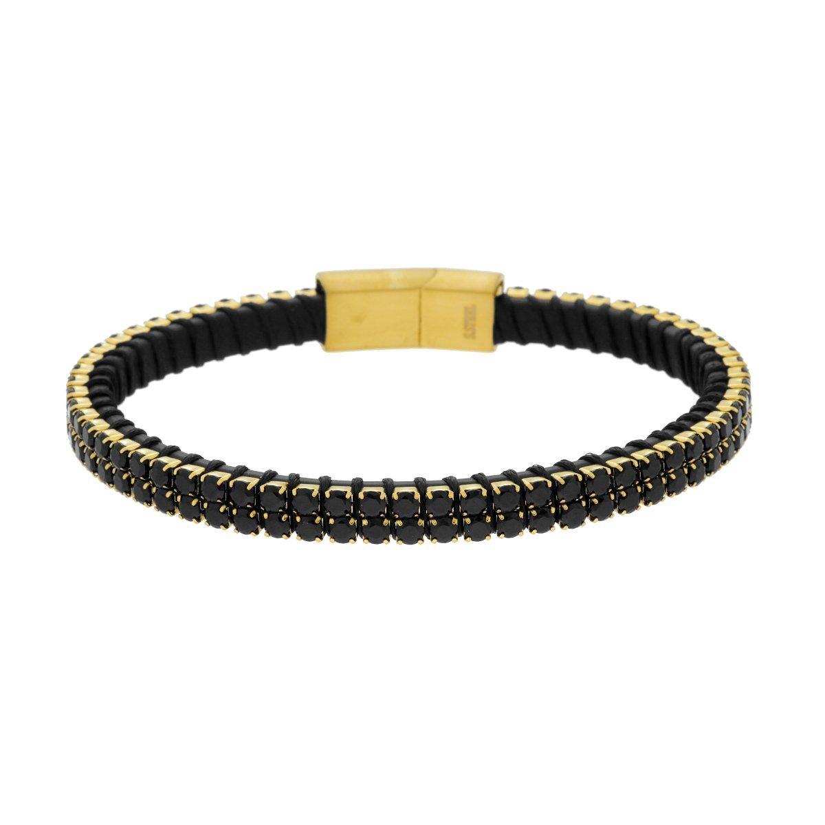 Bracciale in Ecopelle Nero con Tennis Crystal Neri in ACCIAIO colore Oro<BR>