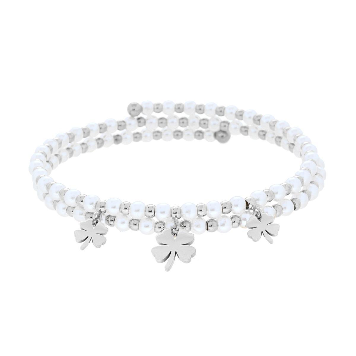 Bracciale Semirigido con Perle Palline e Quadrifogli plain pendenti in ACCIAIO