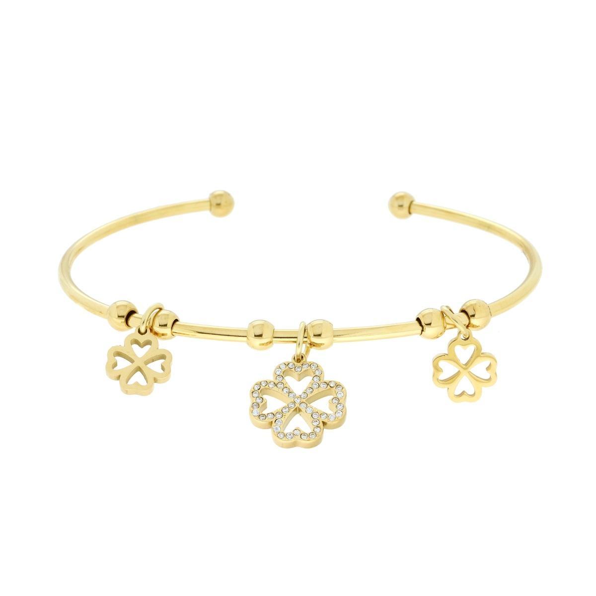 Bracciale filo Rigido con Quadrifogli pendenti e Crystal Bianchi in ACCIAIO colore Oro<BR>