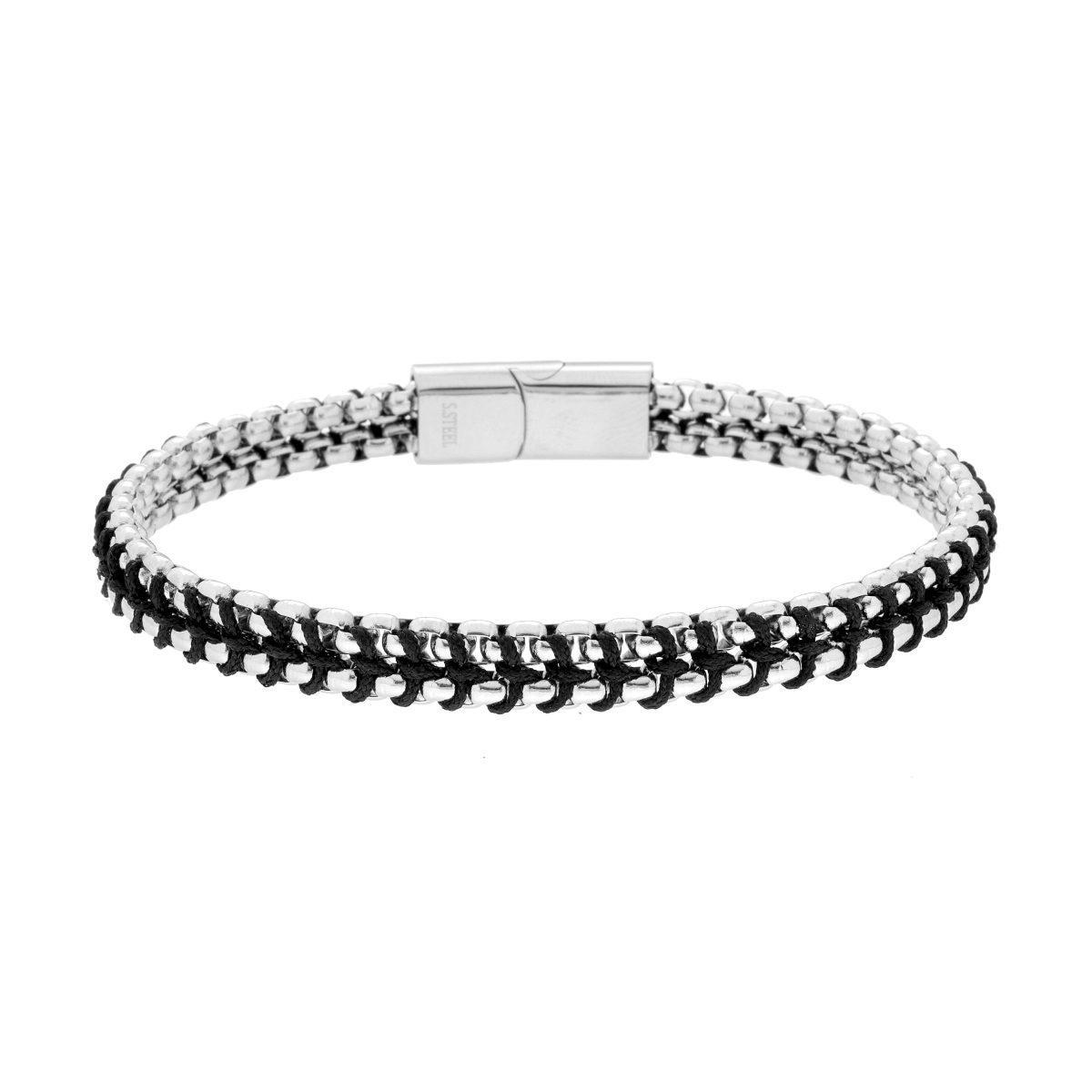 Bracciale Uomo con doppia Catena Veneziana Tonda con Cordoncino Nero Annodato in ACCIAIO <BR>