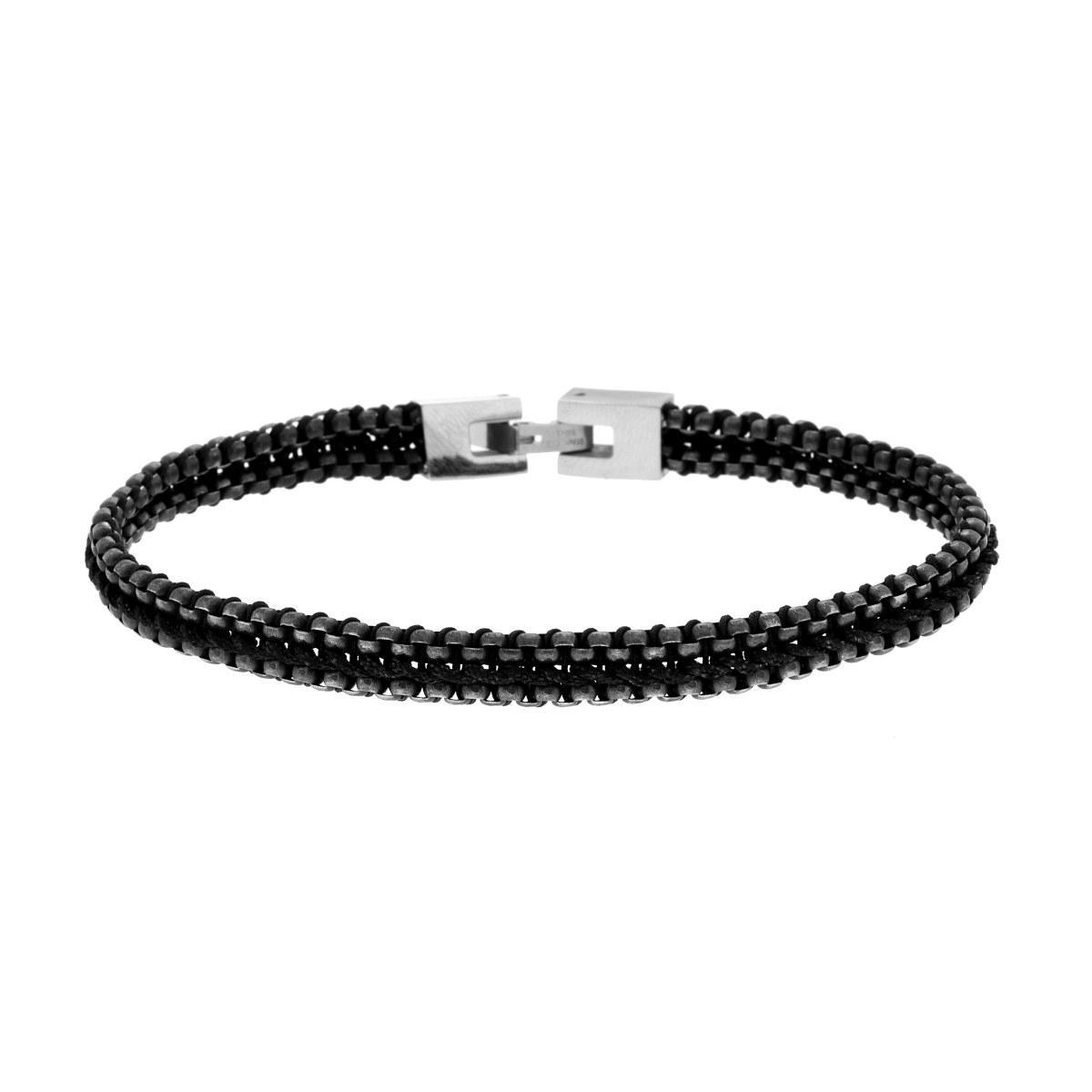 Bracciale Uomo con doppia Catena Veneziana Tonda Brunita con Cordoncino Nero Annodato in ACCIAIO <BR>