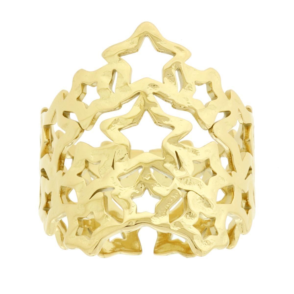 Anello Fascia con Stelle Martellate in ACCIAIO colore Oro<BR>
