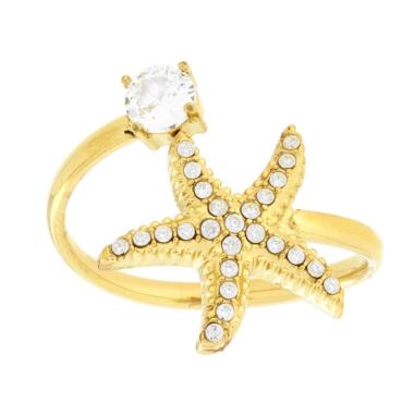 Anello Contrarie Stella Marina e Crystal Bianco in ACCIAIO colore Oro<BR>