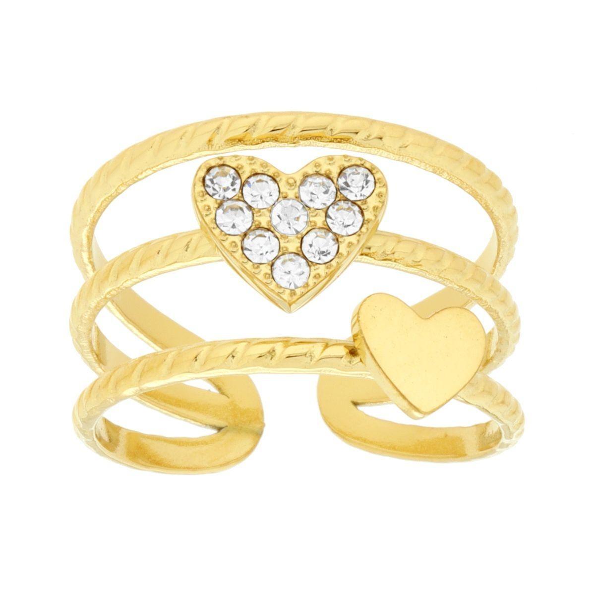 Anello Fascia Tre fili con Cuori e Crystal Bianchi in ACCIAIO colore Oro<BR>
