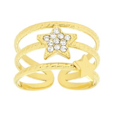 Anello Fascia Tre fili con Stella e Crystal Bianchi in ACCIAIO colore Oro<BR>