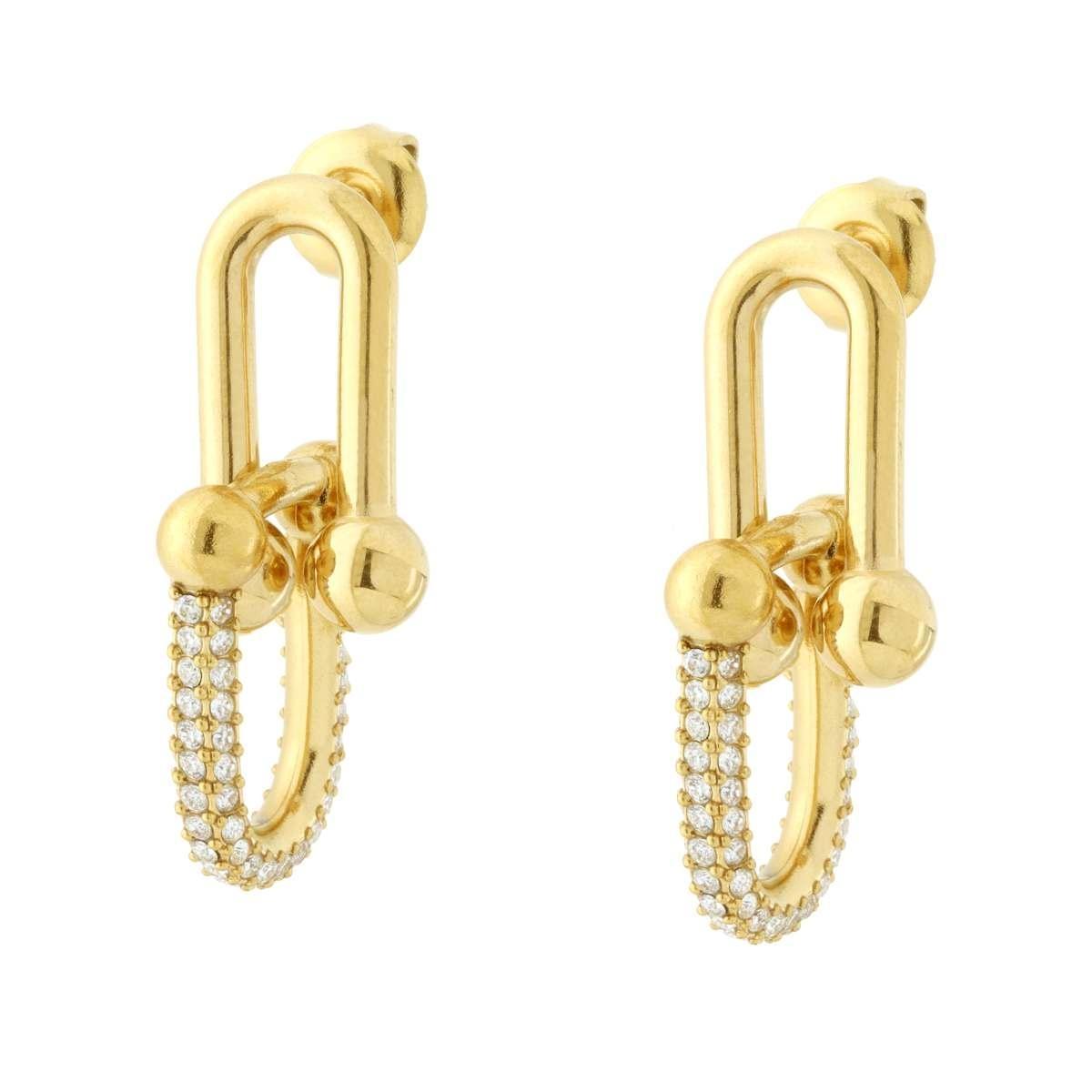 Orecchini Maglia Industriale con Crystal Bianchi in ACCIAIO colore Oro<BR>