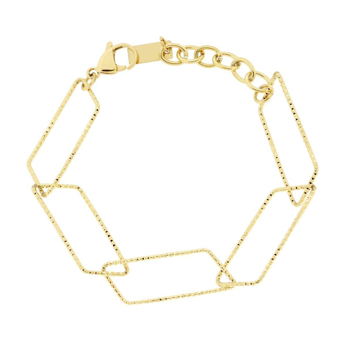 Bracciale Catena Forzatina Rettangolare Diamantata in ACCIAIO colore Oro<BR>
