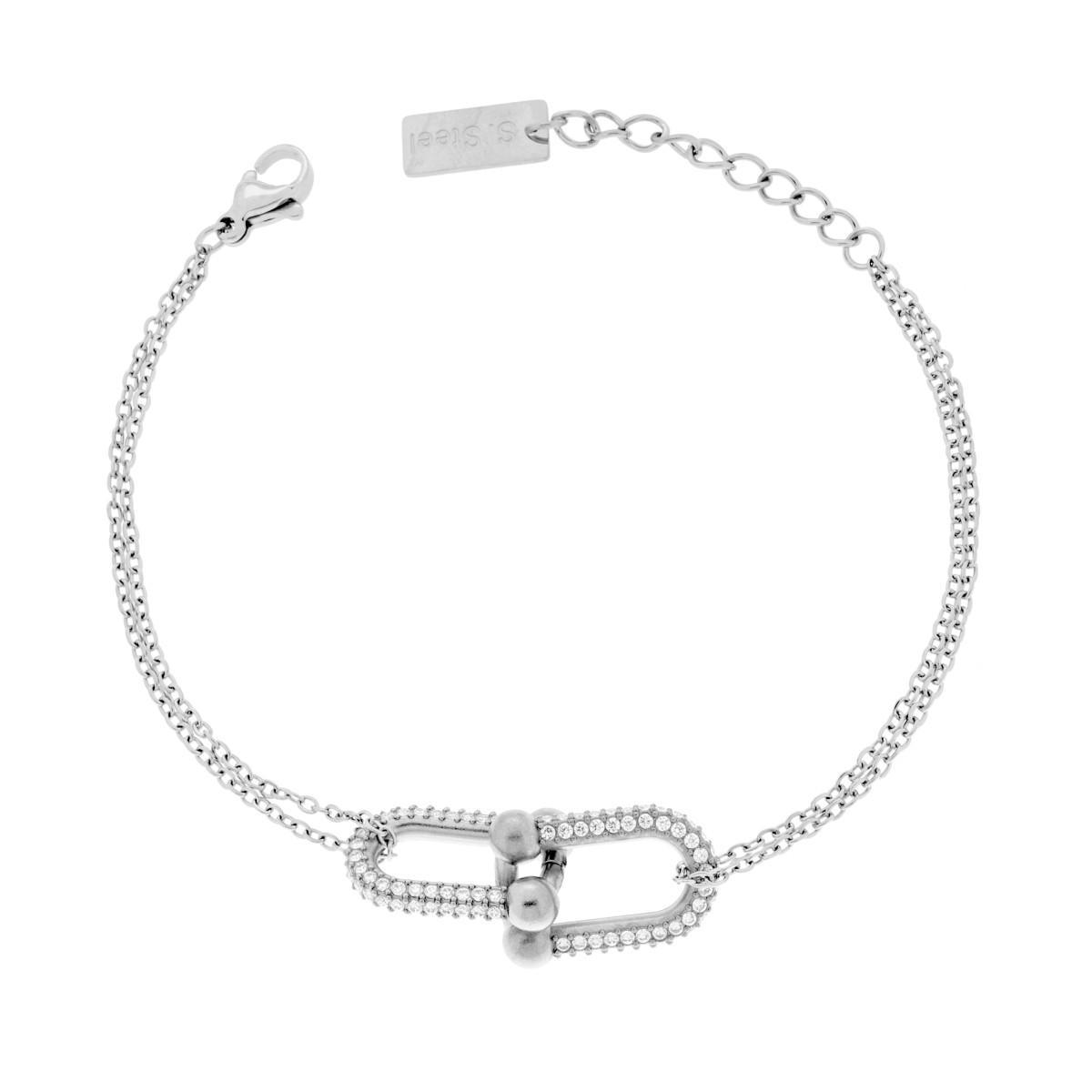 Bracciale due fili Catena Forzatina Diamantata con Maglia Industriale centrale e Crystal Bianchi in ACCIAIO