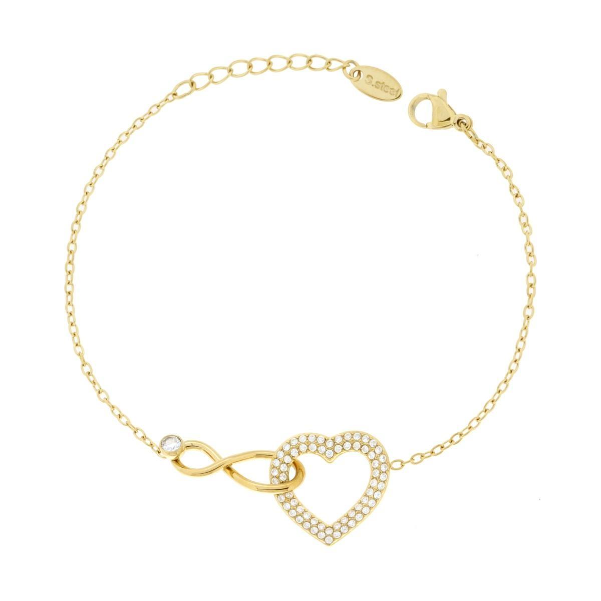 Bracciale Catena Forzatina Diamantata con Cuore e Infinito incrociati e Crystal Bianchi in ACCIAIO colore Oro<BR>
