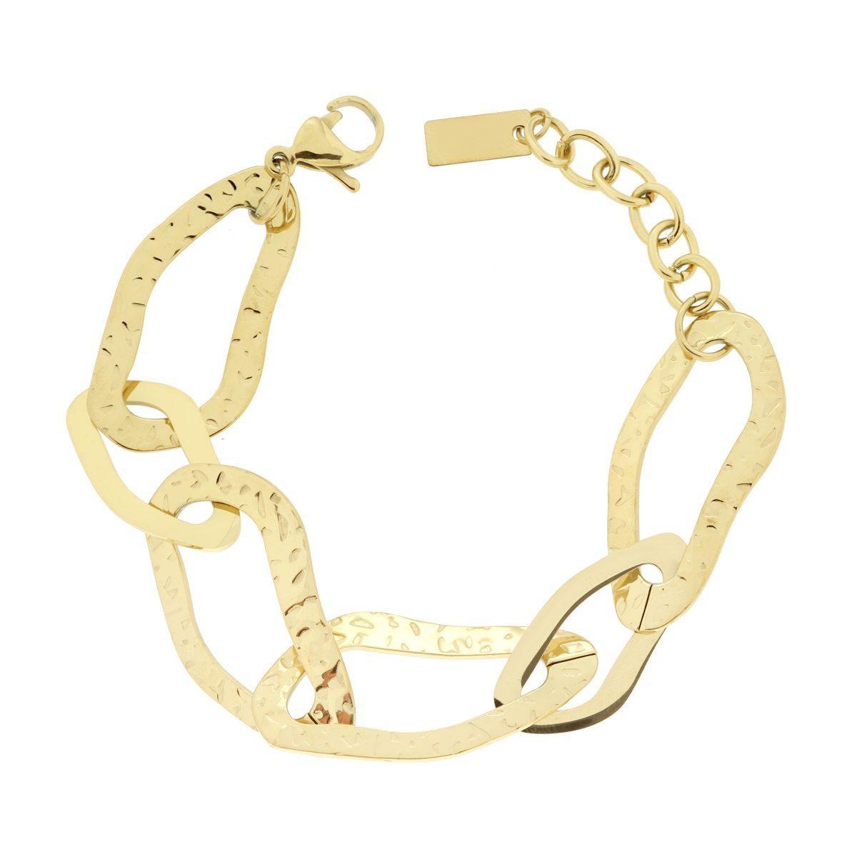 Bracciale Catena Maglia Irregolare Piatta Martellata in ACCIAIO colore Oro<BR>