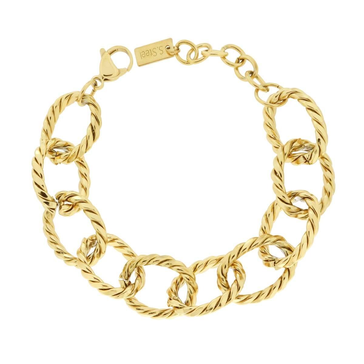 Bracciale Catena Forzatina Diamantata Torchon in ACCIAIO colore Oro<BR>
