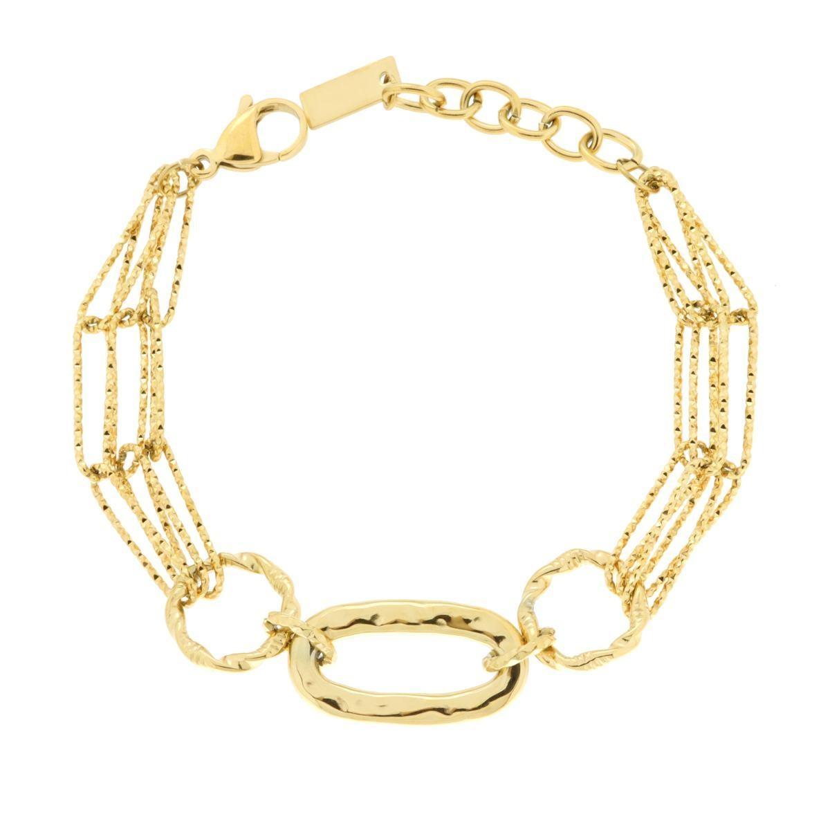 Bracciale Catena Multifilo Forzatina Diamantata e Ovale centrale Martellato in ACCIAIO colore Oro<BR>
