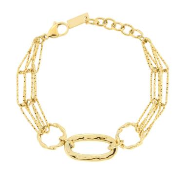 Bracciale Catena Multifilo Forzatina Diamantata e Ovale centrale Martellato in ACCIAIO colore Oro<BR>
