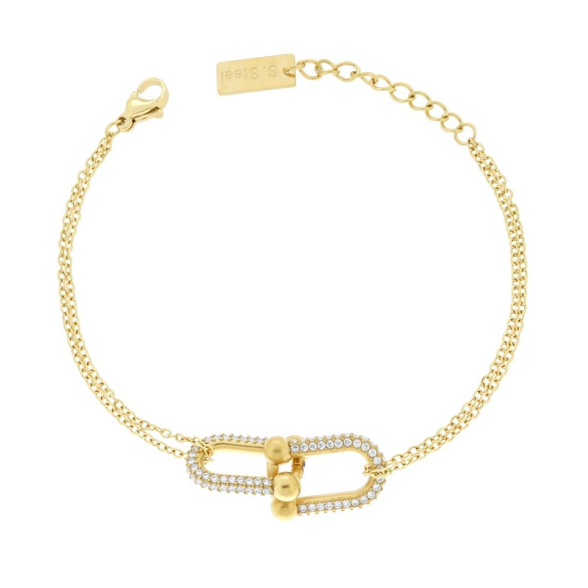 Bracciale due fili Catena Forzatina Diamantata con Maglia Industriale centrale e Crystal Bianchi in ACCIAIO colore Oro<BR>