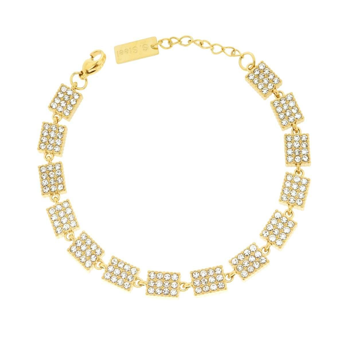 Bracciale Catena Rettangoli con Crystal Bianchi in ACCIAIO colore Oro<BR>
