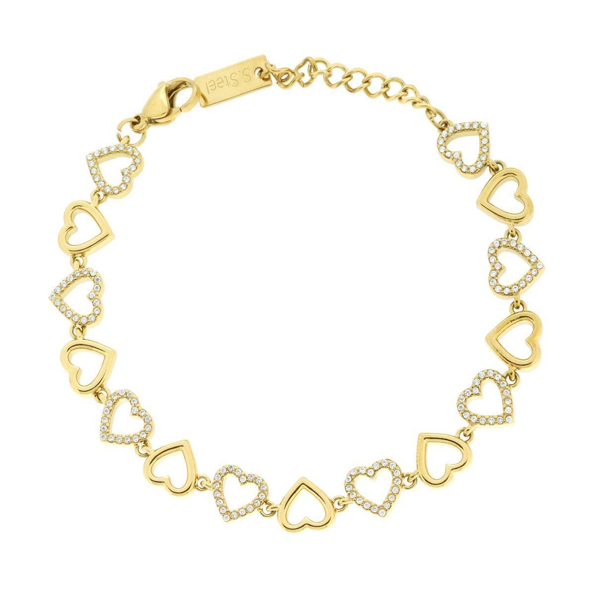 Bracciale Catena Cuori con Crystal Bianchi in ACCIAIO colore Oro<BR>