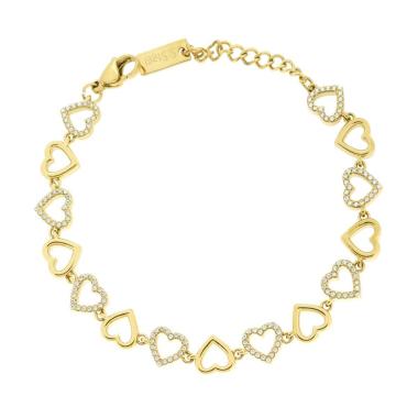 Bracciale Catena Cuori con Crystal Bianchi in ACCIAIO colore Oro<BR>
