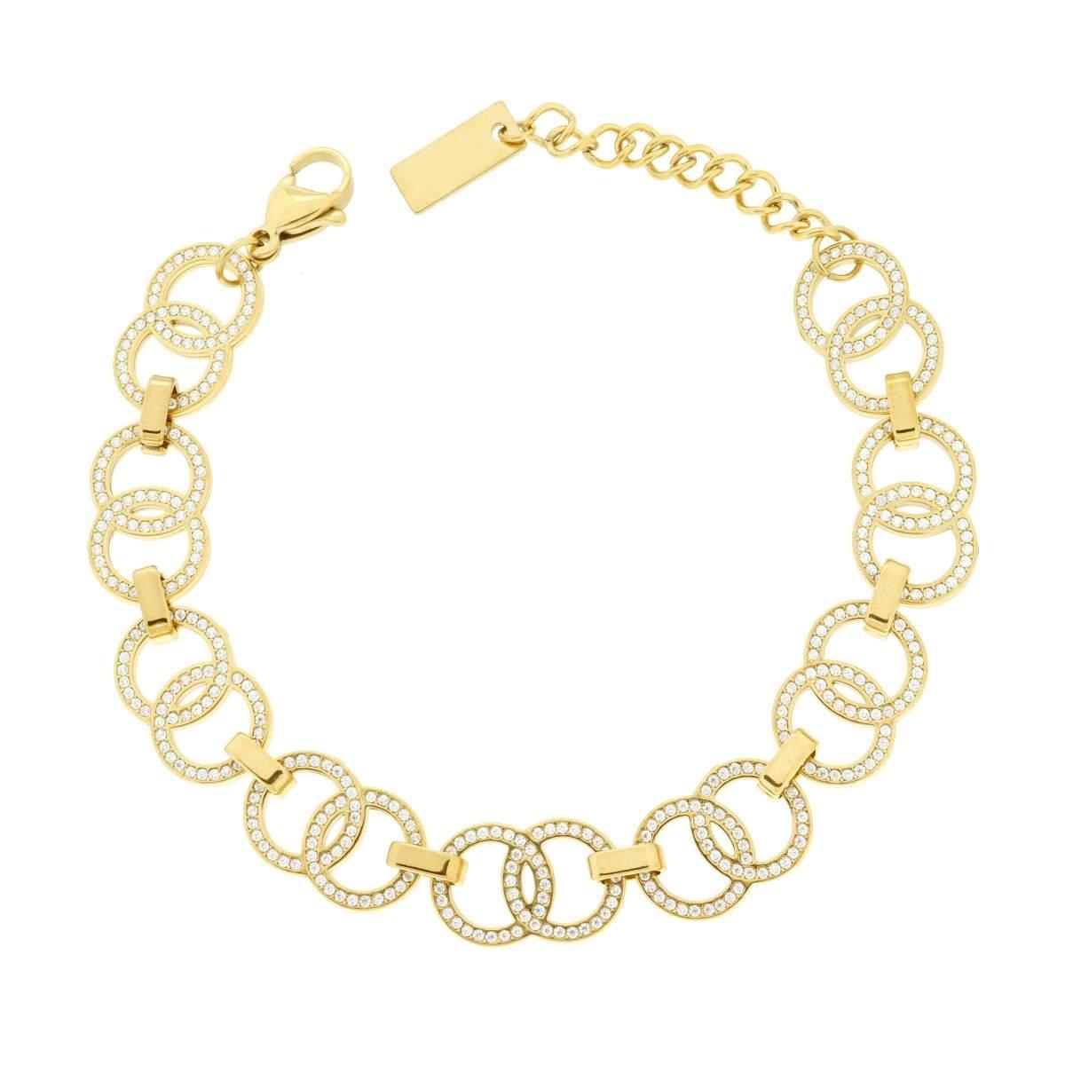 Bracciale Catena Cerchi con Crystal Bianchi in ACCIAIO colore Oro<BR>