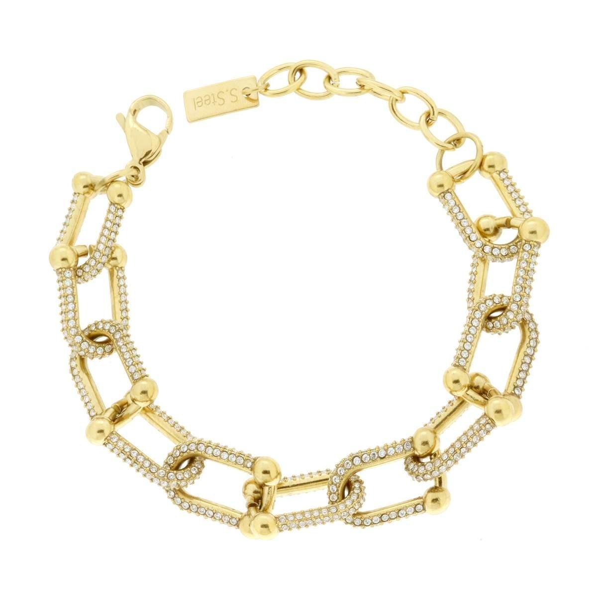 Bracciale Catena Maglia Industriale e Crystal Bianchi in ACCIAIO colore Oro<BR>