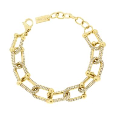 Bracciale Catena Maglia Industriale e Crystal Bianchi in ACCIAIO colore Oro<BR>