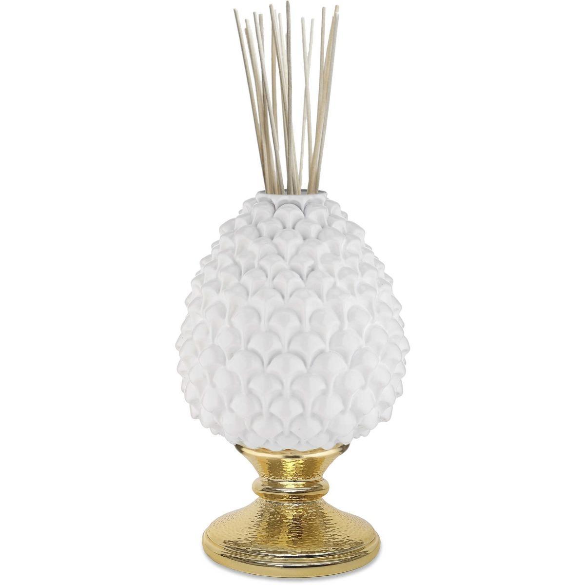 Diffusore ambienti pigna bianca base oro h.15,5 cm Valenti