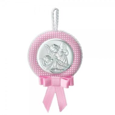Medaglione Valenti culla 10x9 cm con carillon Angelo custode rosa
