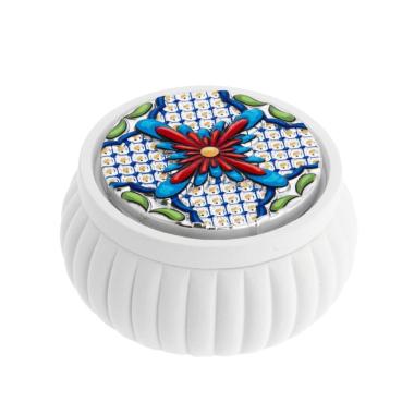 Scatolina tonda bianca con fesoni d. 8,5x4 con deco stampata 1