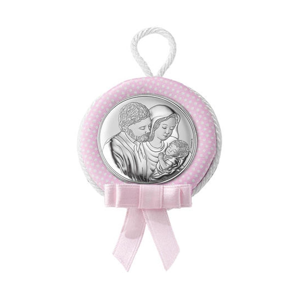 Medaglione culla carillon d.11 cm Sacra Famiglia rosa Valenti