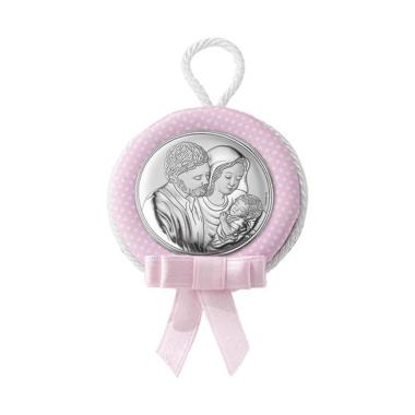 Medaglione culla carillon d.11 cm Sacra Famiglia rosa Valenti