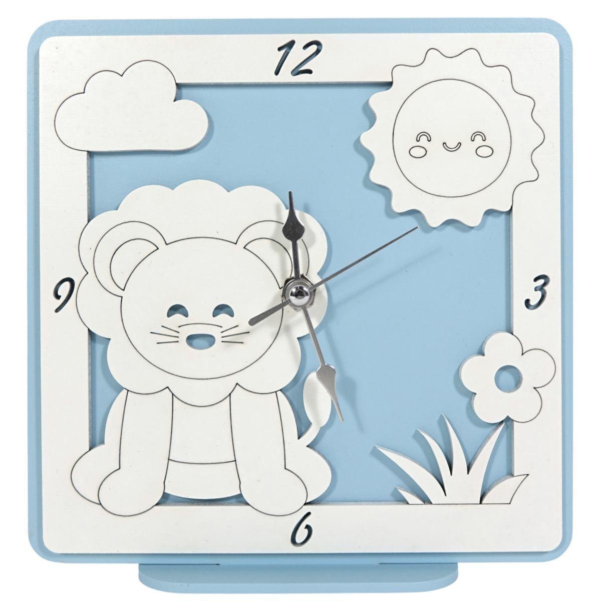 Orologio in legno da tavolo leone azzurro bimbo 17,5x17 cm