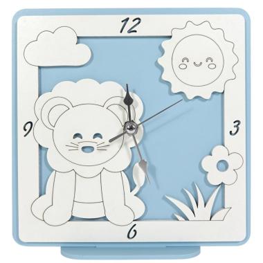 Orologio in legno da tavolo leone azzurro bimbo 17,5x17 cm