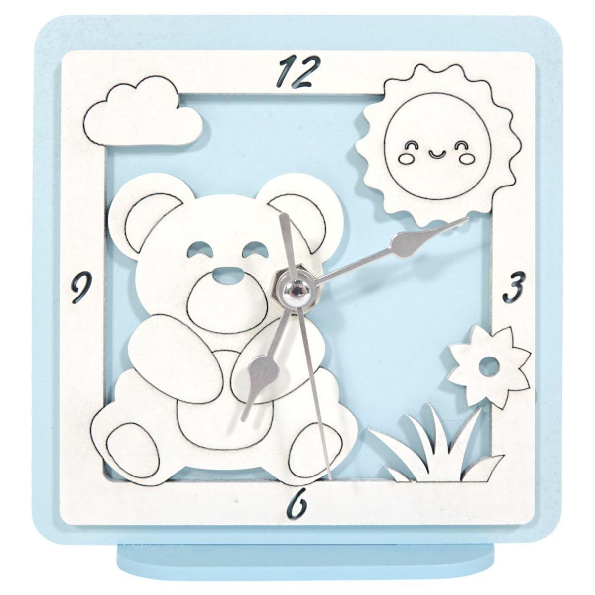 Orologio piccolo in legno da tavolo orso azzurro bimbo 12,5x12 cm