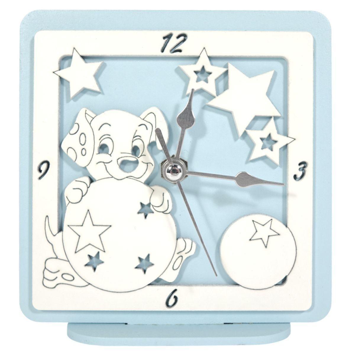 Orologio piccolo in legno da tavolo cane azzurro bimbo 12,5x12 cm