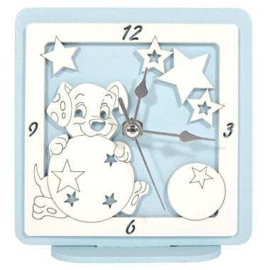 Orologio piccolo in legno da tavolo cane azzurro bimbo 12,5x12 cm