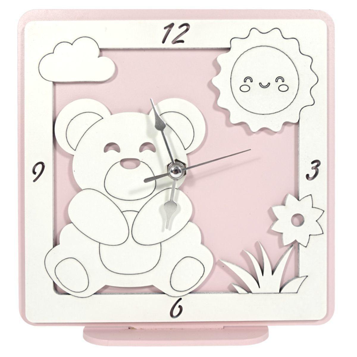 Orologio grande in legno da tavolo orso rosa bimba 17,5x17 cm